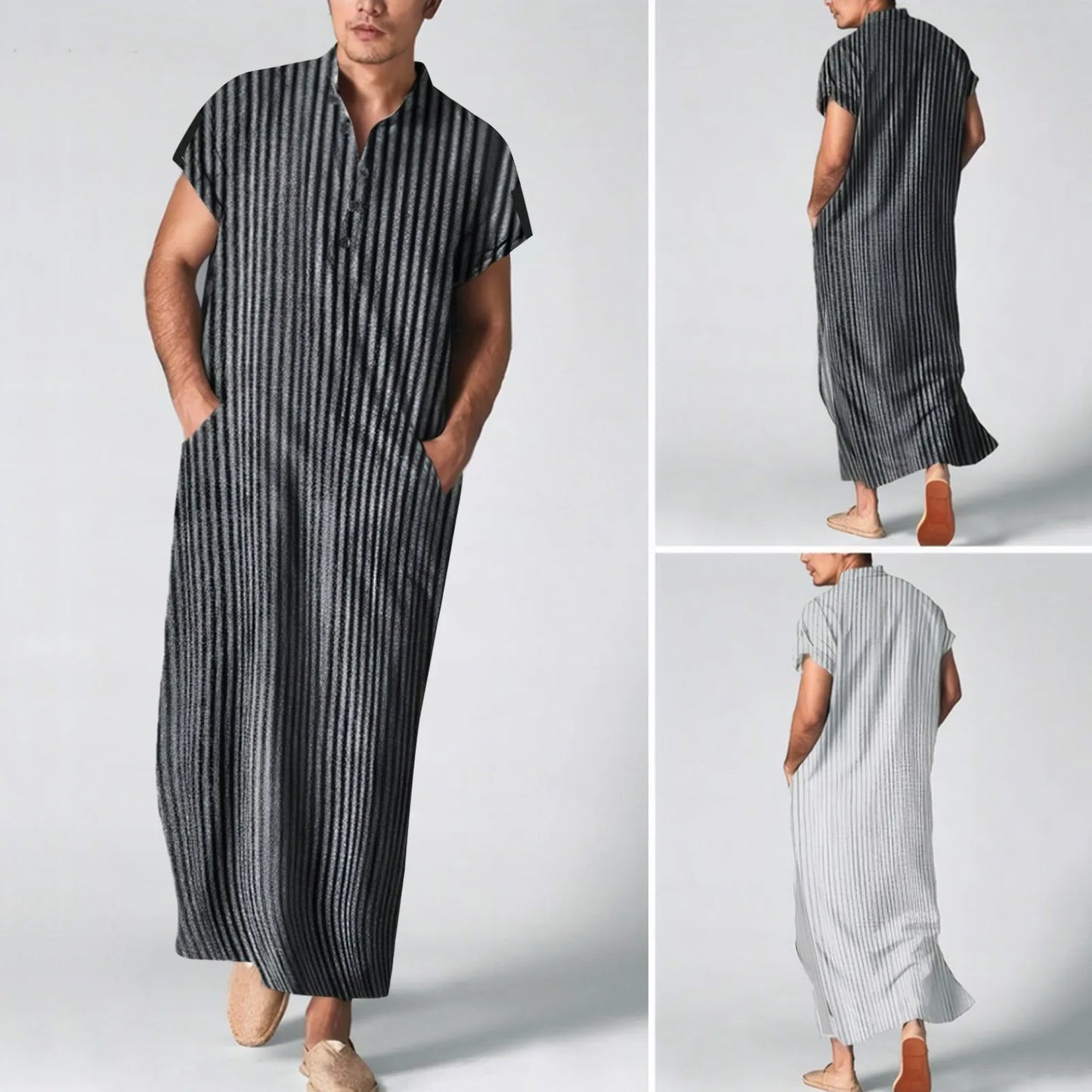 **Title:**  
Men's Striped Jubba Thobe Kaftan - Short Sleeve Summer Robe
**Description:**  
Embrace effortless style with this men's striped jubba thobe kaftan. Featuring a short sleeve design, this solid summer robe blends