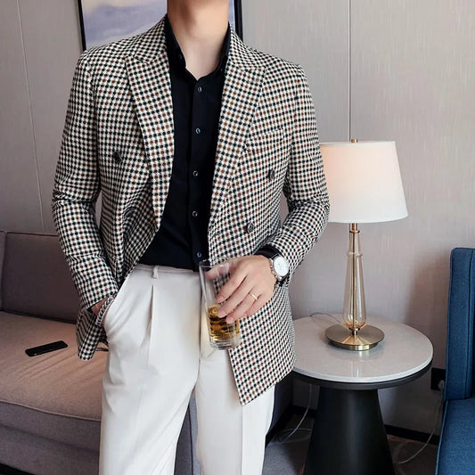 Men's British Style Slim Fit Houndstooth Double-Breasted Blazer