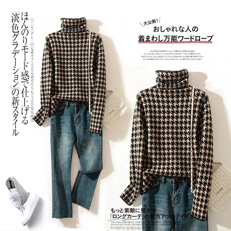 Houndstooth Plaid Turtleneck Sweater – Vintage Soft Knit Unisex Fashion