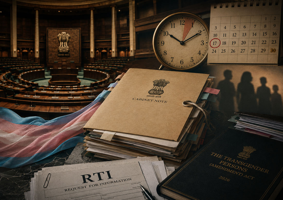 Cover image showing Parliament, legal documents, an RTI request, and a marked 17-day calendar symbolizing the rapid passage of India’s 2026 Trans Amendment Act.