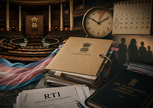 Cover image showing Parliament, legal documents, an RTI request, and a marked 17-day calendar symbolizing the rapid passage of India’s 2026 Trans Amendment Act.