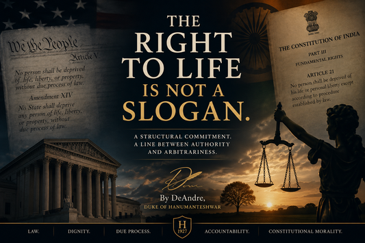 Editorial cover for “The Right to Life Is Not a Slogan,” exploring constitutional protections of life, liberty, due process and human dignity in the United States and India.