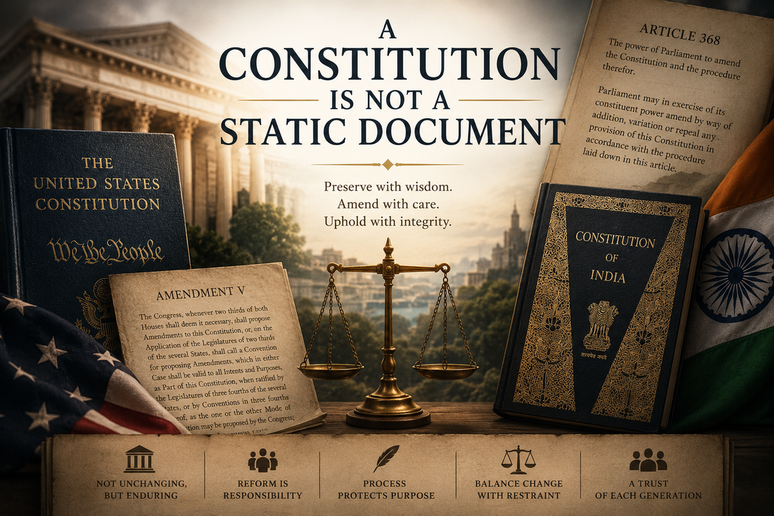 “A Constitution Is Not a Static Document,” showing the U.S. and Indian constitutional traditions, amendment processes, legal balance, and constitutional reform.