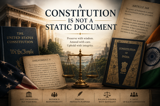 “A Constitution Is Not a Static Document,” showing the U.S. and Indian constitutional traditions, amendment processes, legal balance, and constitutional reform.