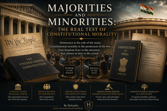 “Majorities and Minorities: The Real Test of Constitutional Morality,” showing U.S. and Indian constitutional institutions, individual rights, majority power, and constitutional restraint.
