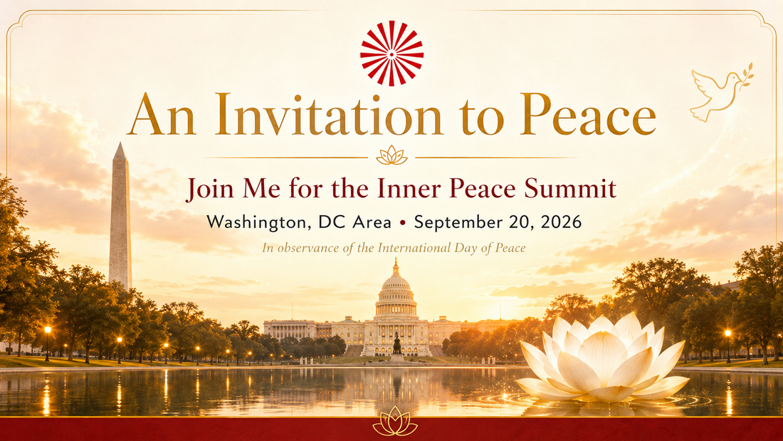 An Invitation to Peace cover featuring the U.S. Capitol and Washington Monument at sunset with a glowing lotus, promoting the Inner Peace Summit in the Washington, DC area on September 20, 2026.