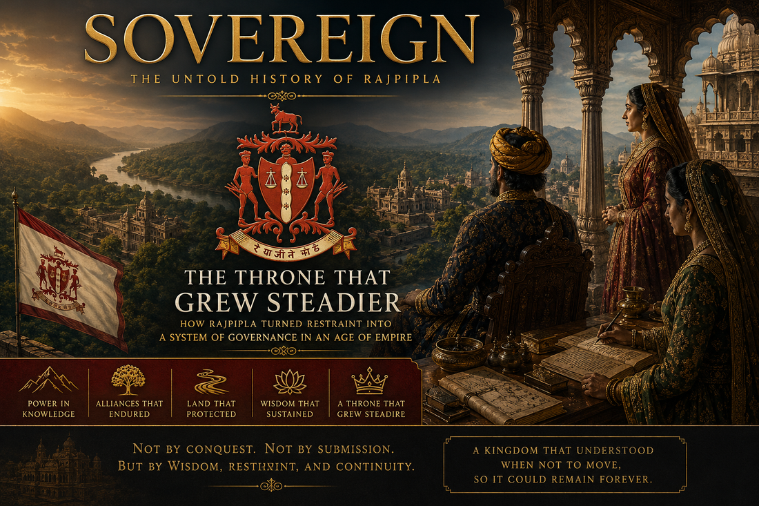 SOVEREIGN: The Throne That Grew Steadier cover depicting Rajpipla’s royal court, Coat of Arms, forests, river landscape, and governance in an age of empire.