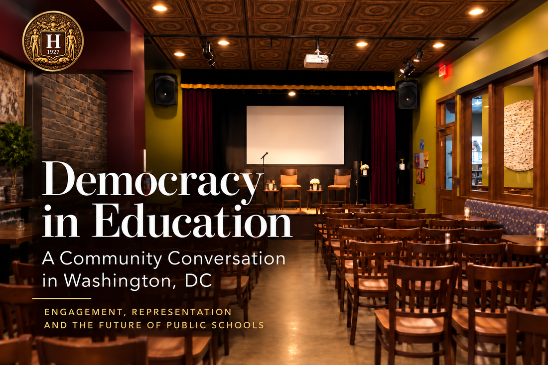 H1927LLC IP Library cover for Democracy in Education, showing an empty Washington, DC community event venue with rows of chairs, a stage, and the article title.