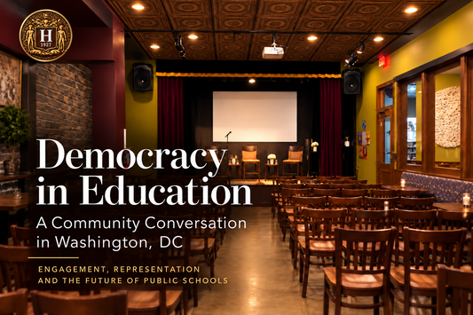 H1927LLC IP Library cover for Democracy in Education, showing an empty Washington, DC community event venue with rows of chairs, a stage, and the article title.