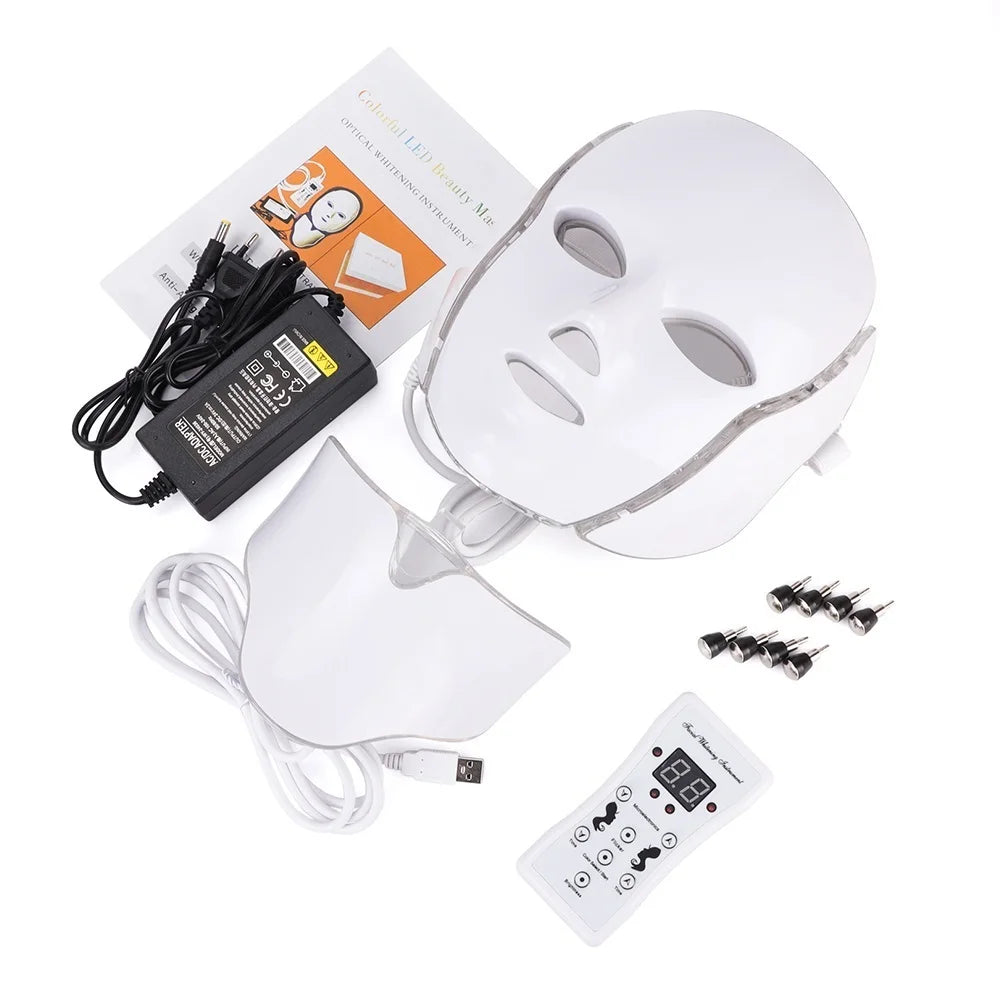 7-Color LED Facial Mask with Neck Light for Skin Rejuvenation, Acne Treatment, and Face Lifting.