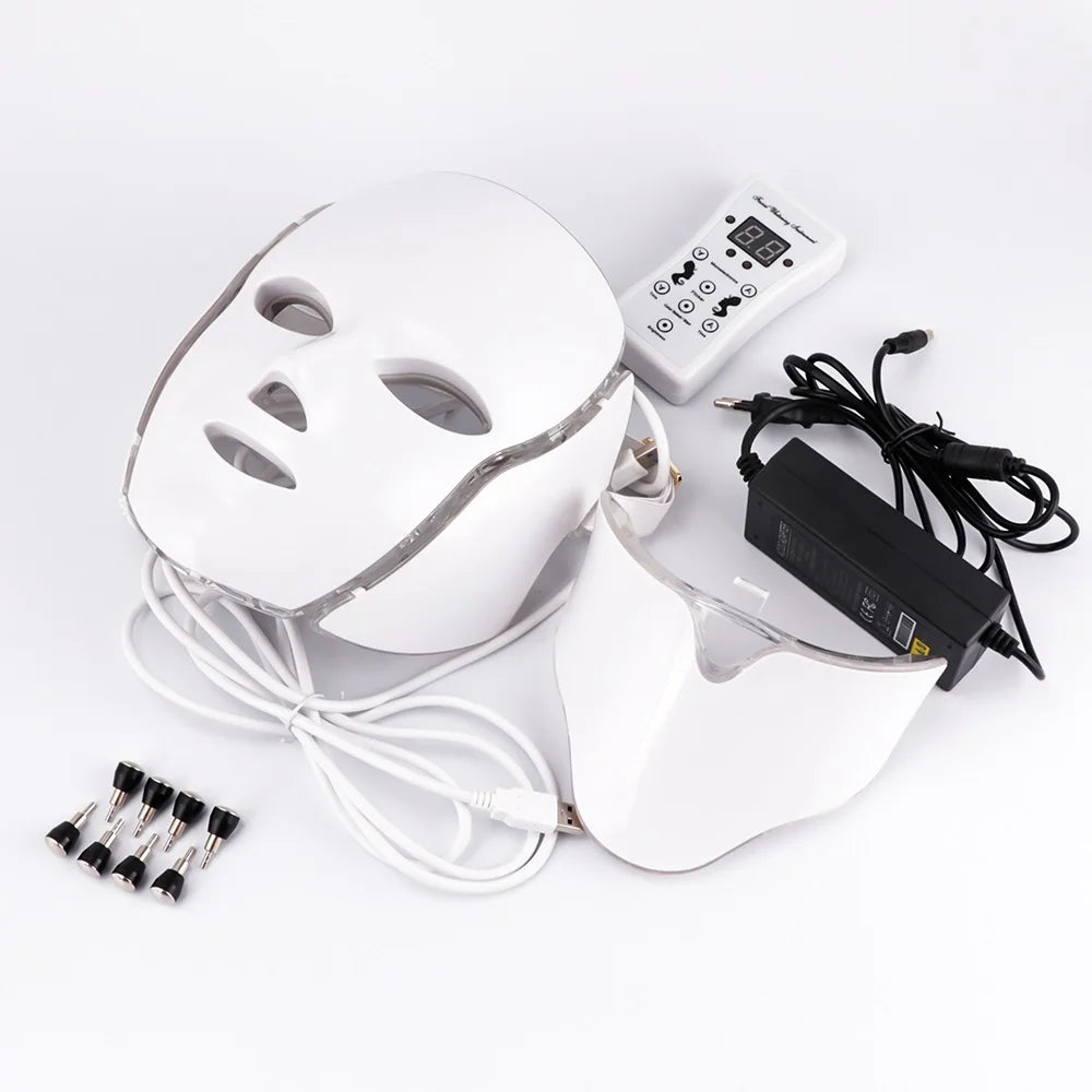 7-Color LED Facial Mask with Neck Light for Skin Rejuvenation, Acne Treatment, and Face Lifting.