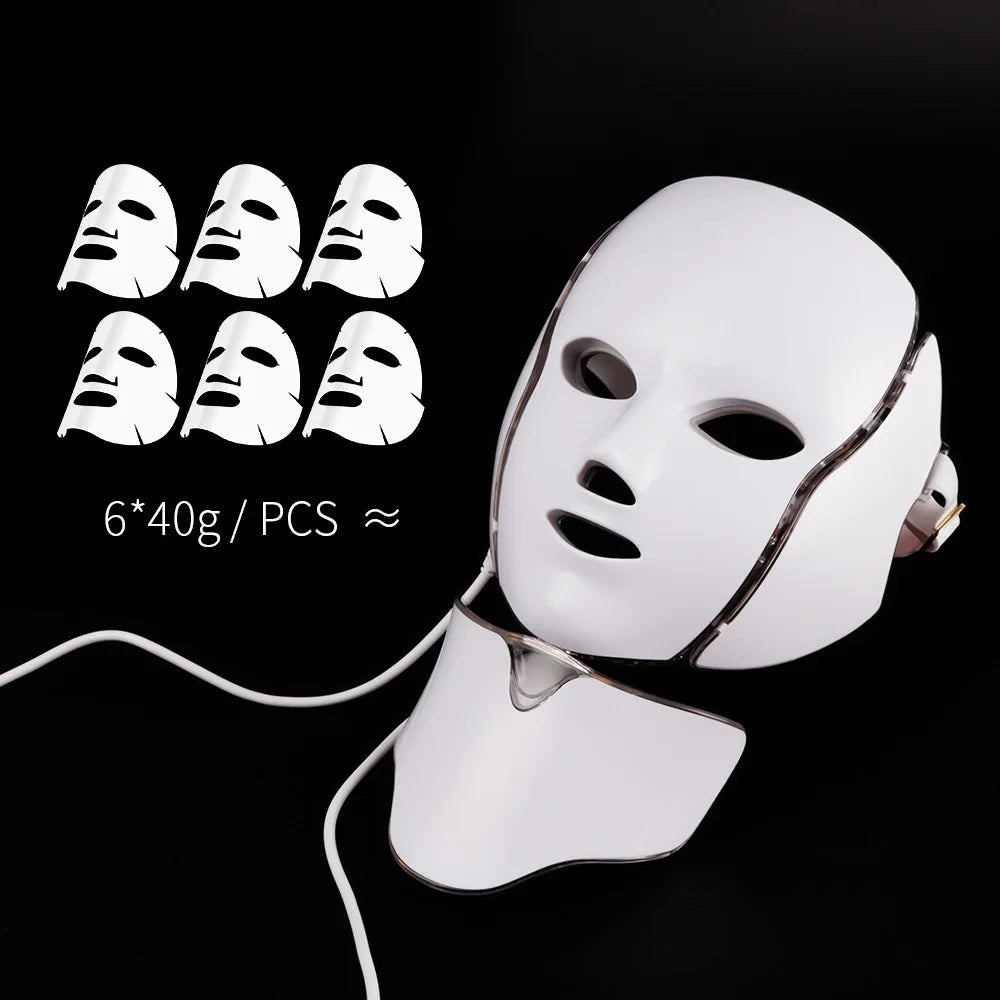 7-Color LED Facial Mask with Neck Light for Skin Rejuvenation, Acne Treatment, and Face Lifting.