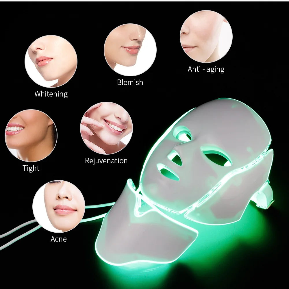 7-Color LED Facial Mask with Neck Light for Skin Rejuvenation, Acne Treatment, and Face Lifting.