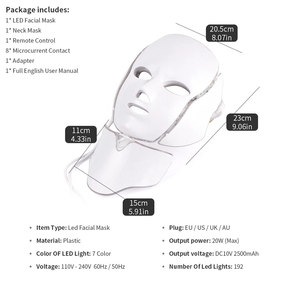 7-Color LED Facial Mask with Neck Light for Skin Rejuvenation, Acne Treatment, and Face Lifting.