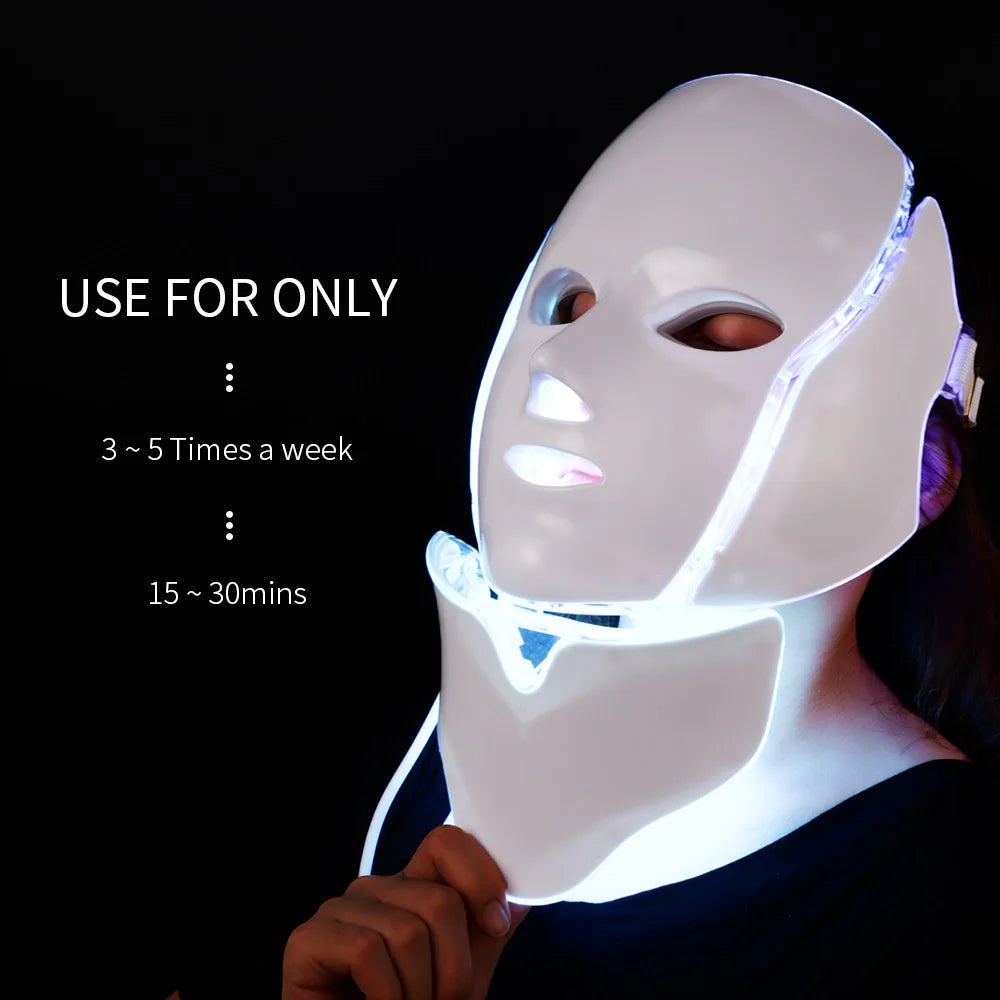 7-Color LED Facial Mask with Neck Light for Skin Rejuvenation, Acne Treatment, and Face Lifting.