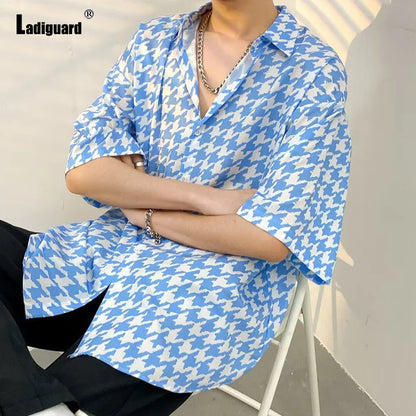 Oversized Houndstooth Casual Camp Collar Shirt