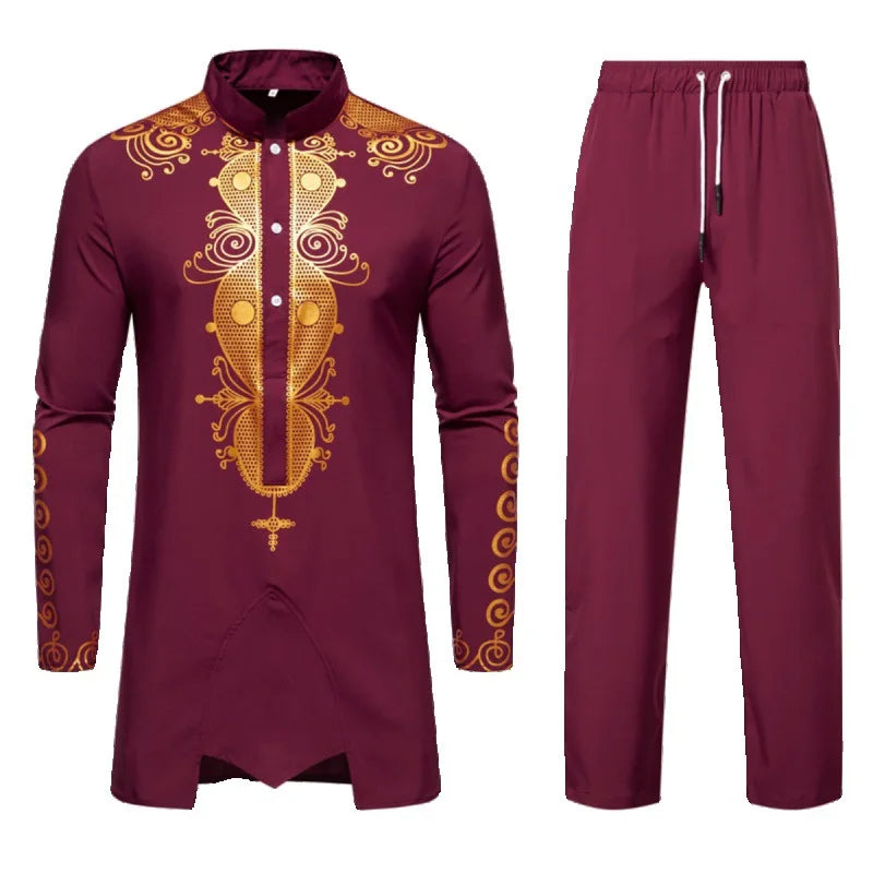 **Title:**  
New Personality Men's Long Sleeve Shirt Set - Leisure Dinner Print Design Robe