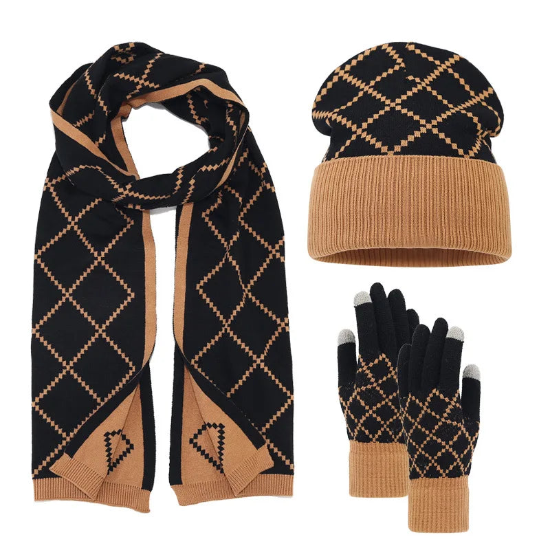 New 2024 Autumn Winter Unisex Wool Hat, Scarf & Gloves 3-Piece Set – Outdoor Plaid Wool Knitted Hat, Neck Warmer, and Gloves