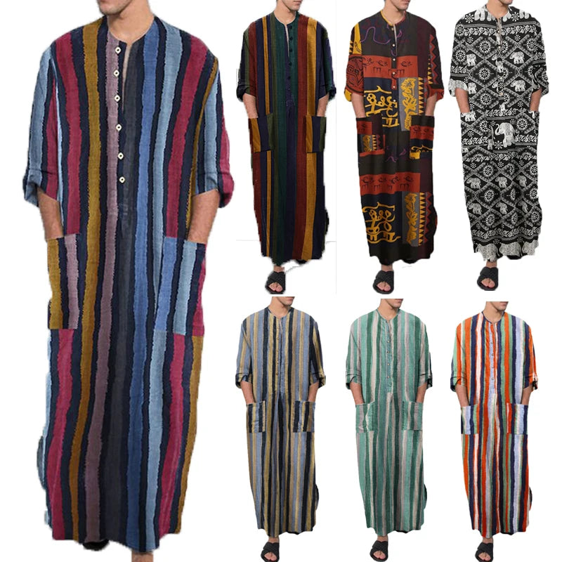 **Title:**  
Long Sleeve Cotton Striped Kaftan Robe - Summer Abaya Suit