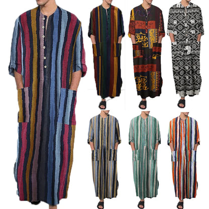 Men's Long Sleeve Striped Kaftan Robe | Lightweight Broadcloth