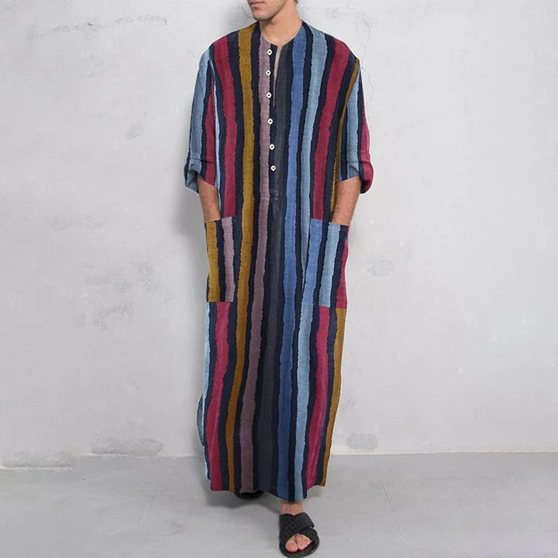 **Title:**  
Long Sleeve Cotton Striped Kaftan Robe - Summer Abaya Suit