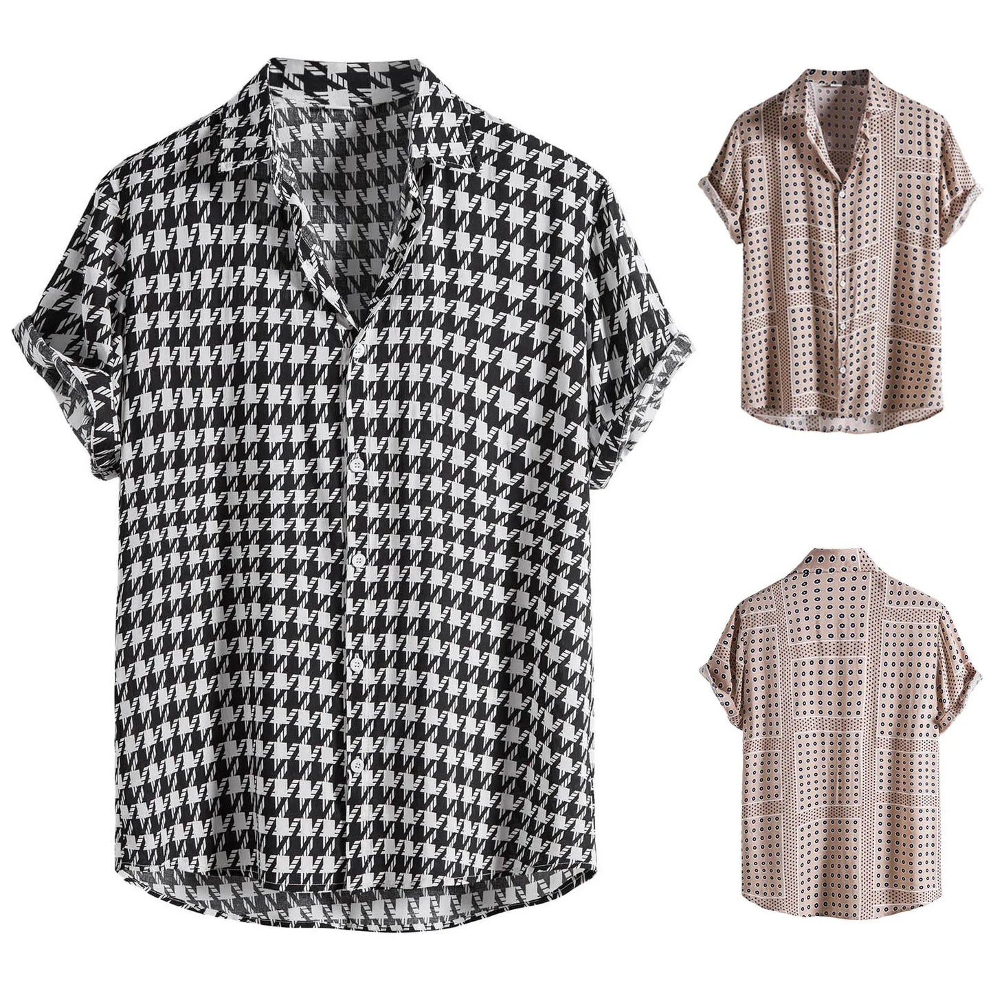 **Title:**  
 Men's Casual Houndstooth Plaid Short Sleeve Beach Blouse