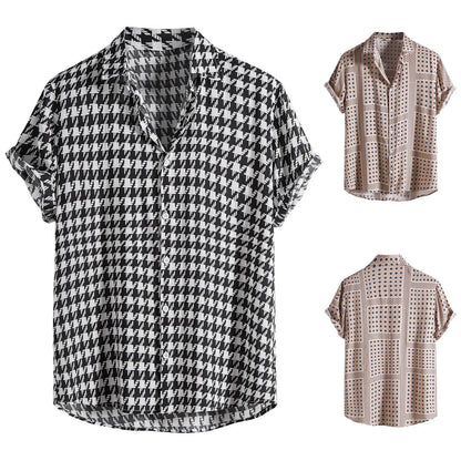 Men's Casual Houndstooth Plaid Short Sleeve Beach Shirt