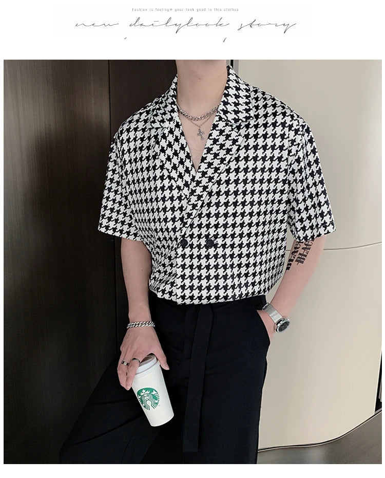 **Title:**  
Men's Unisex British Style Houndstooth V-Neck Shirt