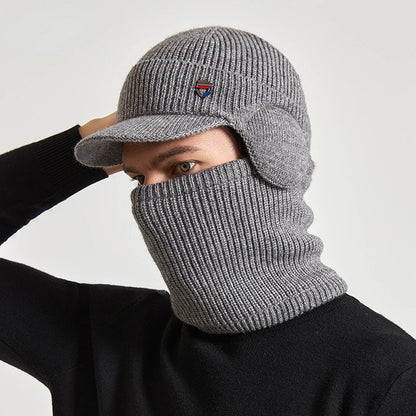 Men's Winter 2-Piece Knit Hat & Neck Warmer Set | Fleece-Lined Windproof Earflap Cap