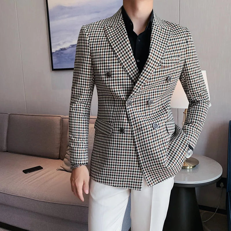 **Title:**  
Men's British Style Slim Fit Houndstooth Blazer