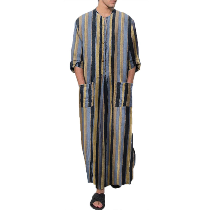 **Title:**  
Long Sleeve Cotton Striped Kaftan Robe - Summer Abaya Suit