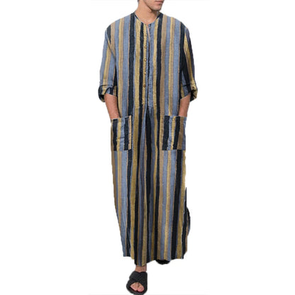 Men's Long Sleeve Striped Kaftan Robe | Lightweight Broadcloth