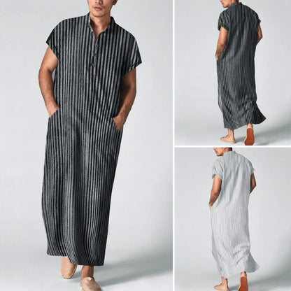 Men's Black & White Striped Jubba Kaftan | Summer Robe