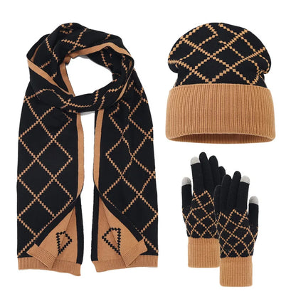 Unisex Premium Wool Winter 3-Piece Set | Plaid Knit Beanie, Scarf & Touchscreen Gloves