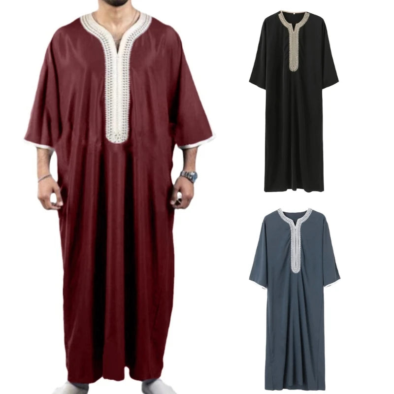 **Title:**  
Men's Long Sleeve Neck Middle Kaftan Thobe - Ethnic Gown

**Description:**  
This elegant men's kaftan thobe features a neck middle design and long sleeves, offering a sophisticated take on ethnic clothing. Perfe