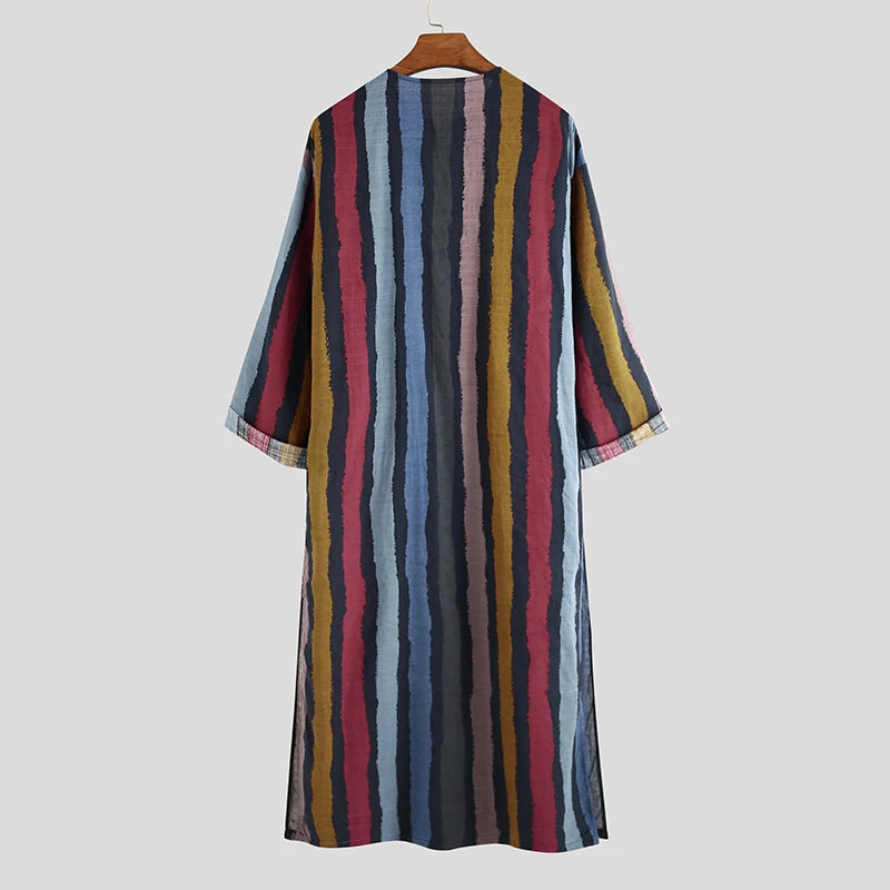 **Title:**  
Long Sleeve Cotton Striped Kaftan Robe - Summer Abaya Suit