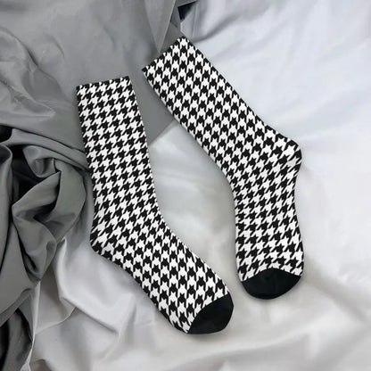 Modern Black & White Houndstooth Crew Socks for Men & Women