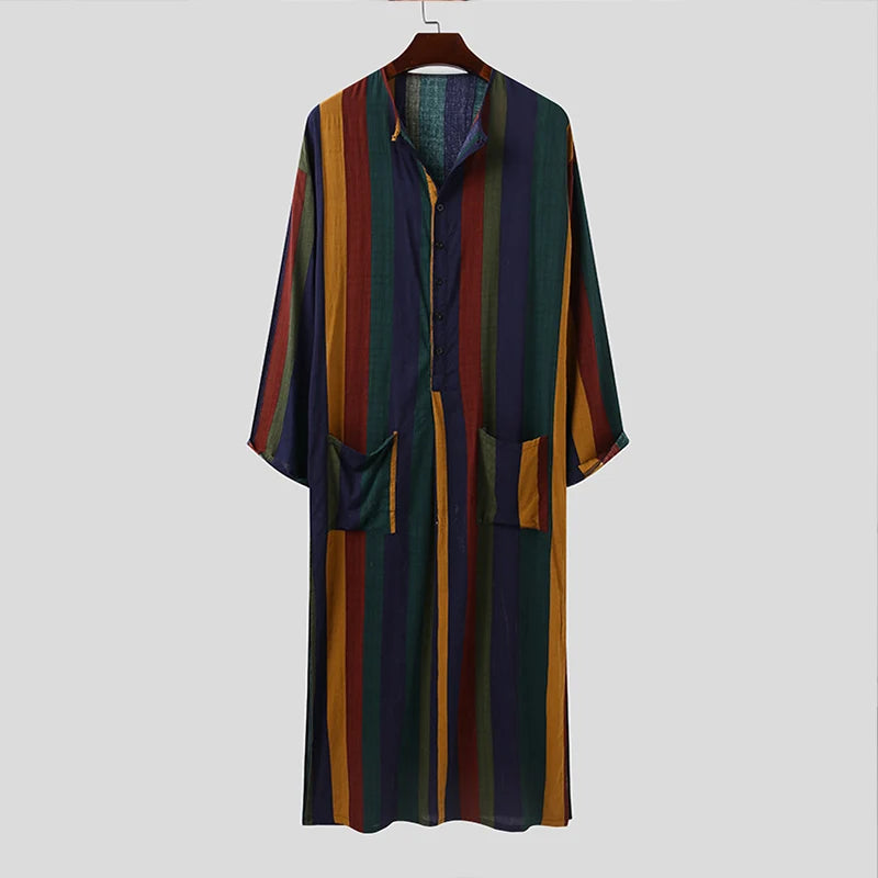 **Title:**  
Long Sleeve Cotton Striped Kaftan Robe - Summer Abaya Suit