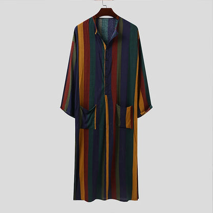 Men's Long Sleeve Striped Kaftan Robe | Lightweight Broadcloth