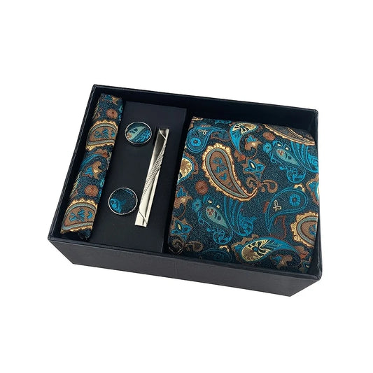 Men's Paisley Casual Tie Five Piece Set Including Tie Square Scarf Cufflinks Tie Clip Black Gift Box