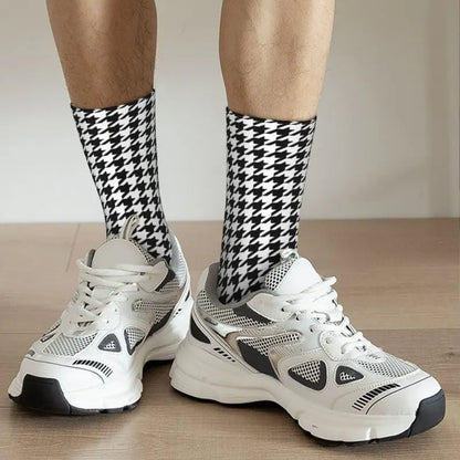 Modern Black & White Houndstooth Crew Socks for Men & Women