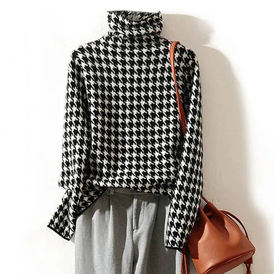 Houndstooth Plaid Turtleneck Sweater – Vintage Soft Knit Unisex Fashion