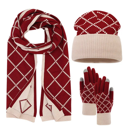 Unisex Premium Wool Winter 3-Piece Set | Plaid Knit Beanie, Scarf & Touchscreen Gloves