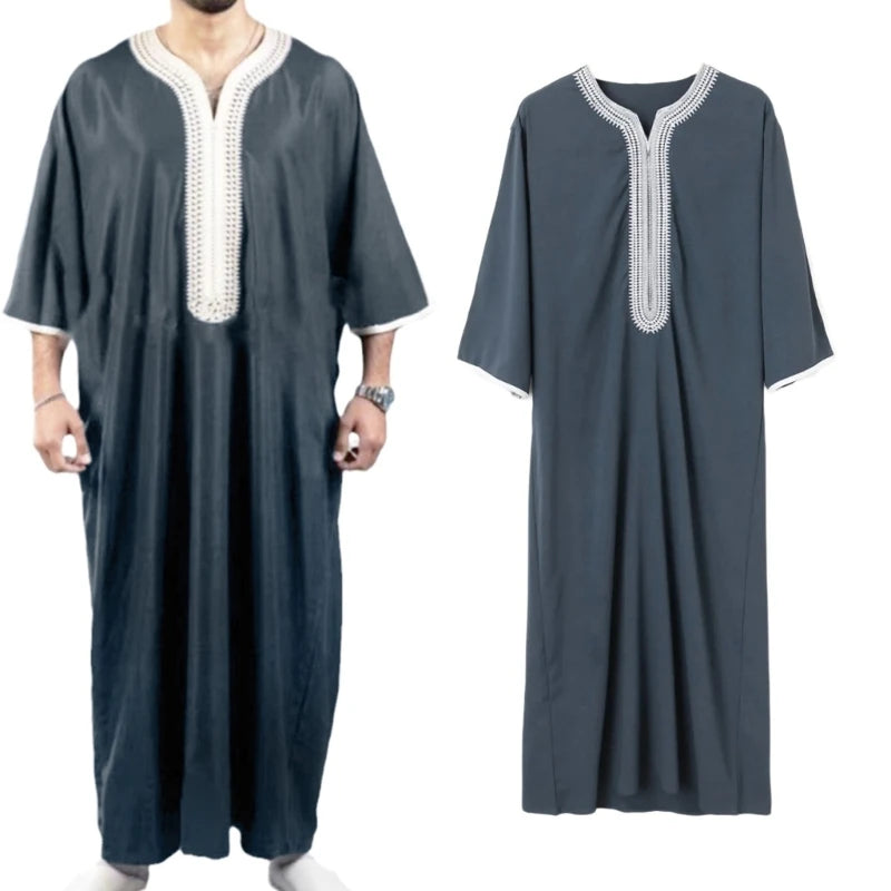 **Title:**  
Men's Long Sleeve Neck Middle Kaftan Thobe - Ethnic Gown

**Description:**  
This elegant men's kaftan thobe features a neck middle design and long sleeves, offering a sophisticated take on ethnic clothing. Perfe