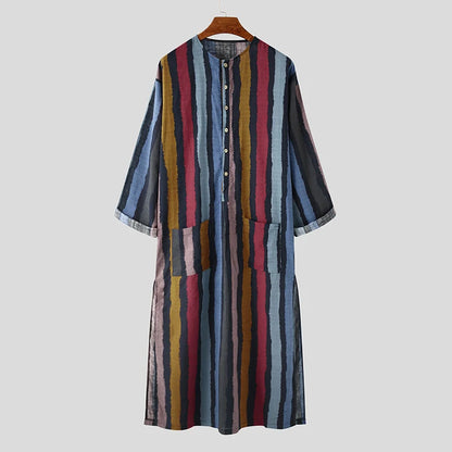 Men's Long Sleeve Striped Kaftan Robe | Lightweight Broadcloth
