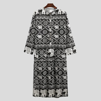 Men's Long Sleeve Striped Kaftan Robe | Lightweight Broadcloth