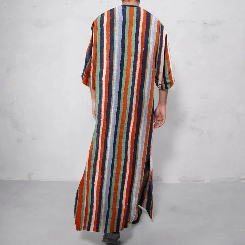 **Title:**  
Long Sleeve Cotton Striped Kaftan Robe - Summer Abaya Suit