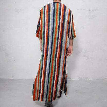 Men's Long Sleeve Striped Kaftan Robe | Lightweight Broadcloth