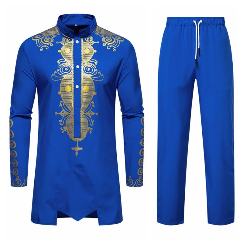 **Title:**  
New Personality Men's Long Sleeve Shirt Set - Leisure Dinner Print Design Robe