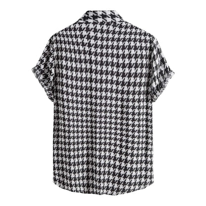 Men's Casual Houndstooth Plaid Short Sleeve Beach Shirt